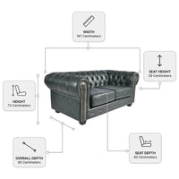 Chesterfield Green Leather Antique 2 seater sofa dimensions diagram showing width, height, seat height and depth measurements