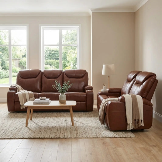 Cinema Tan Electric Leather 3+2 Seater Recliner Sofa Set With Two Cup Holders