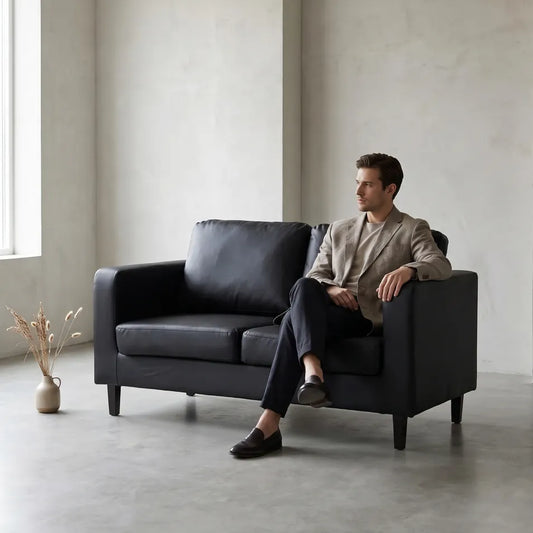 Box Black Leather 2 Seater Sofa