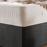 A close-up of a mattress with a white quilted top and a dark charcoal gray fabric-covered base, shown with a beige throw blanket draped across the corner.