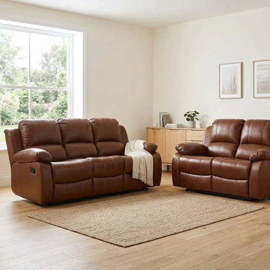 Tan Leather Manual Recliner 3+2 Seater Sofa Set