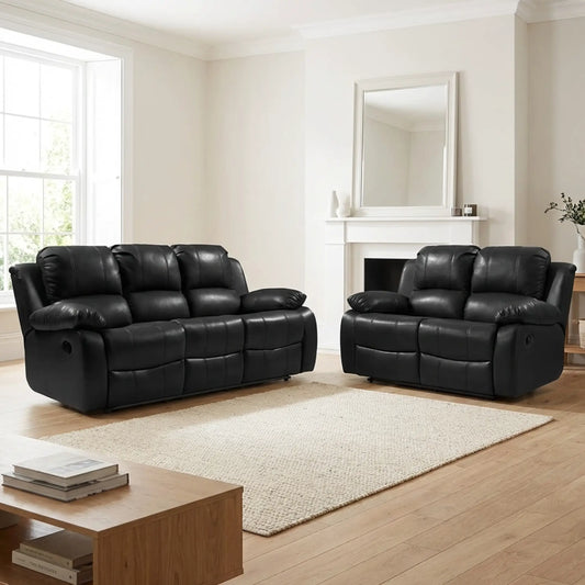 Valencia Black Leather Manual Recliner 3+2 Seater Sofa Set
