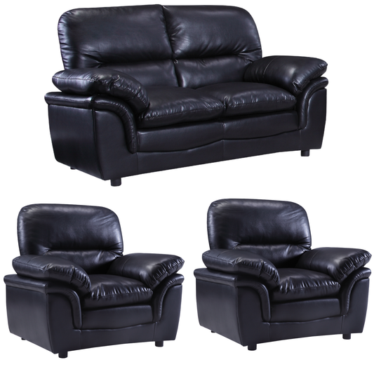 Black Leather Sofa Set featuring a two-seater sofa and two matching armchairs shown on a clean white background.