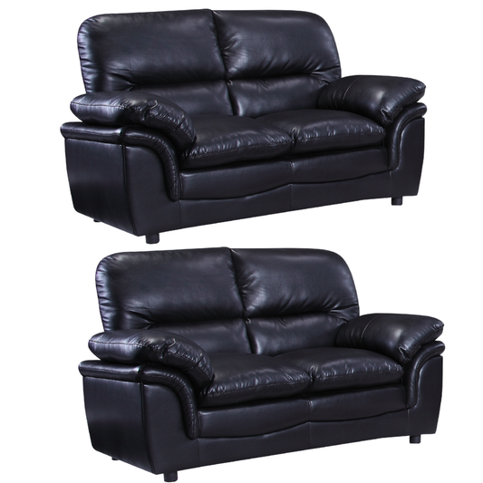 Two black leather sofas on a white background