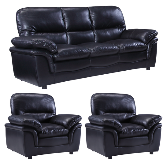 Black leather sofa set with two armchairs on a white background