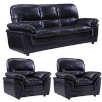 Black leather sofa set with two armchairs on a white background