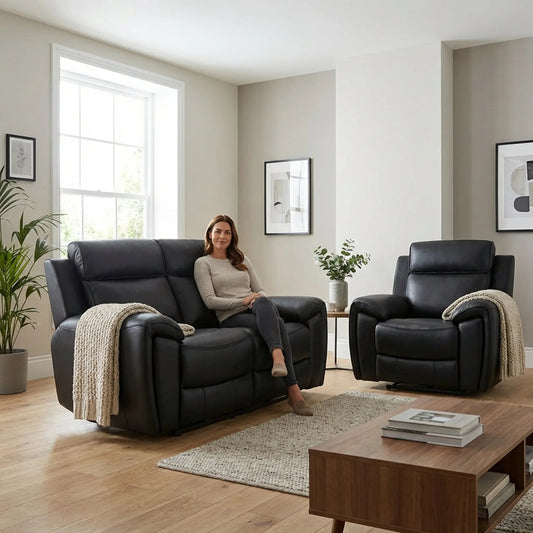 Annecy Genuine Leather Black Electric Power Recliner 2+1 Seater Sofa Set - Furniture Instore