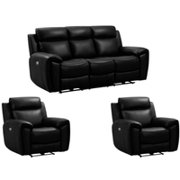 Black leather recliner sofa and two matching armchairs on a white background