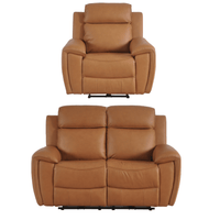 Brown leather recliner chair and loveseat set on a white background