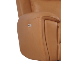 Close-up of a brown leather recliner chair with a visible button on a white background