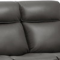 Gray leather sofa with a close-up view of the cushions.