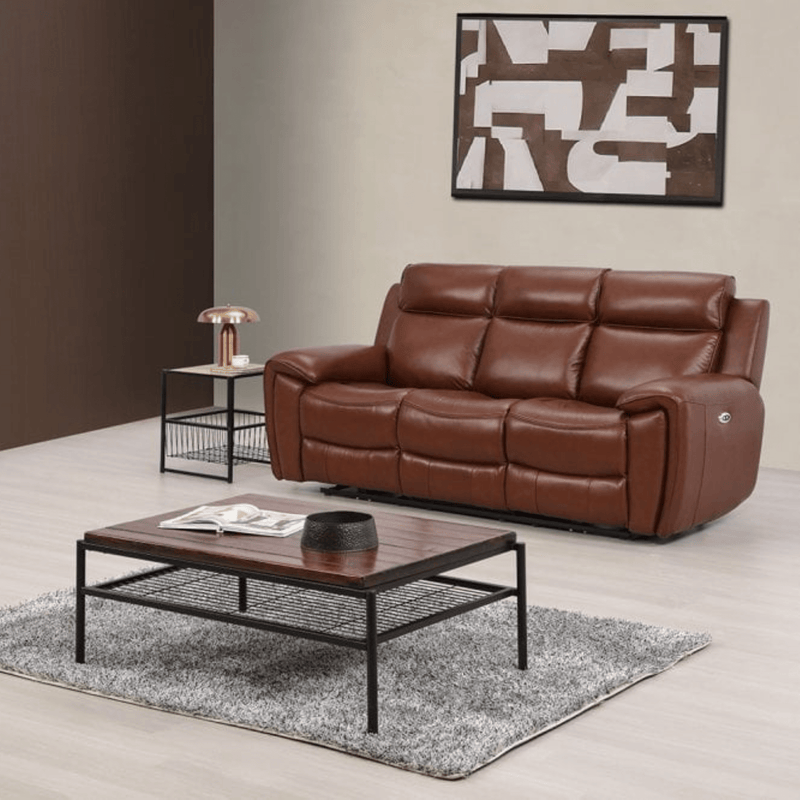 Brown leather sofa in a living room with a coffee table and decorative elements.