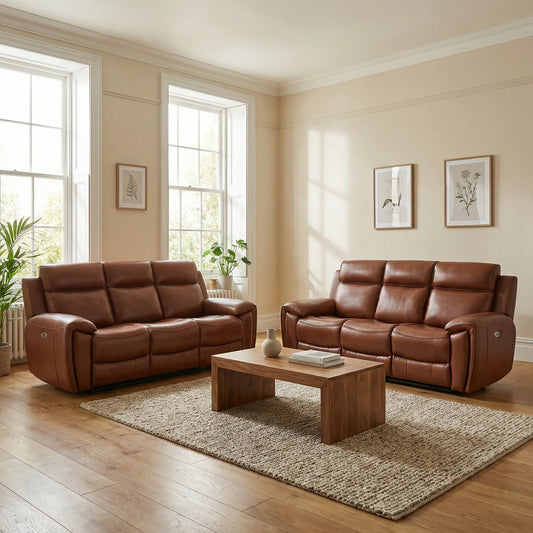 Tan power recliner sofa suite