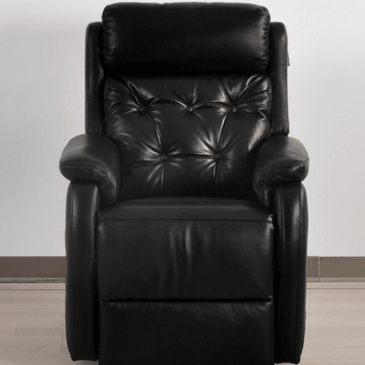 Black leather recliner chair on a plain background