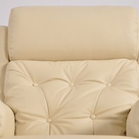 Beige upholstered chair with tufted backrest and armrests on a light gray background
