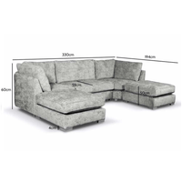 Gray sectional sofa with dimensions labeled on a white background