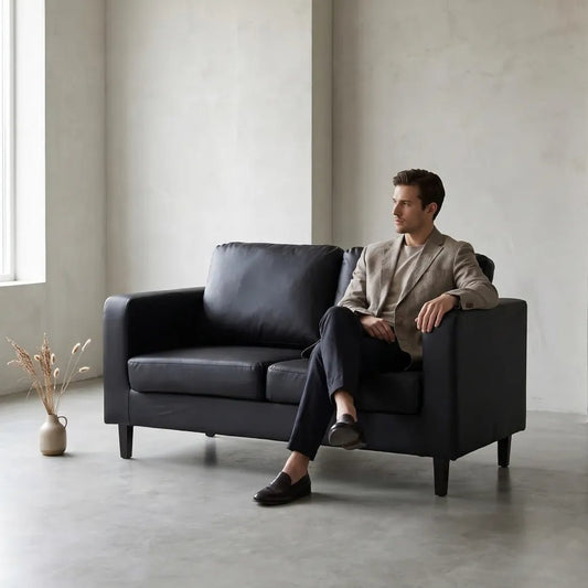 Box Black Leather 2 Seater Sofa - Furniture Instore