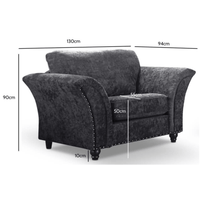 Gray sofa with dimensions labeled on a white background