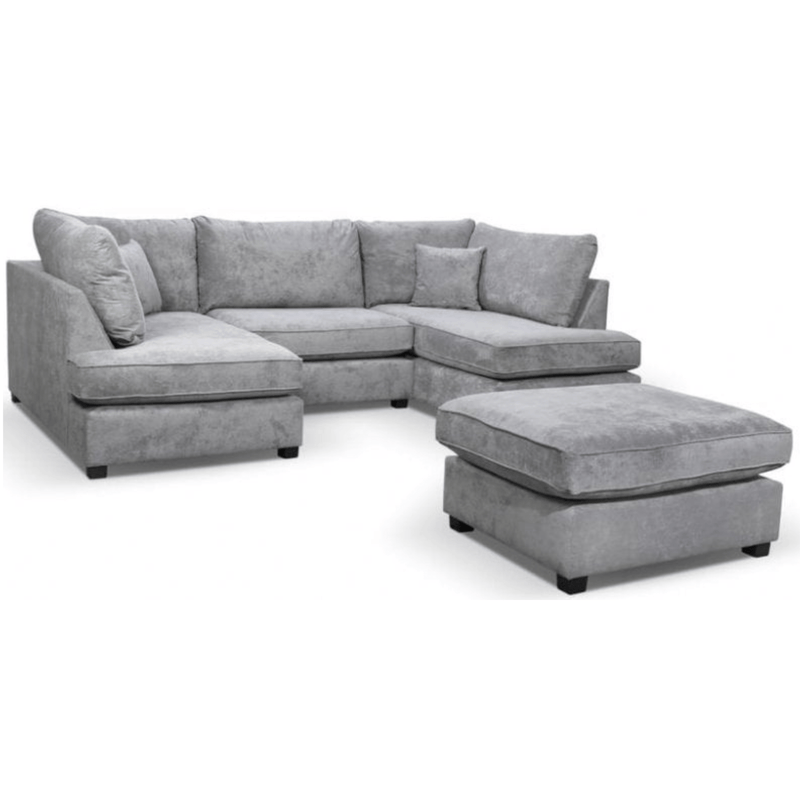 Gray sectional sofa with ottoman on a white background
