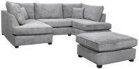 Gray sectional sofa with ottoman on a white background