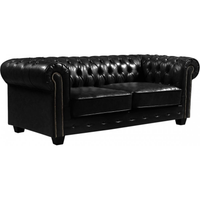 Black leather sofa with tufted backrest on a white background