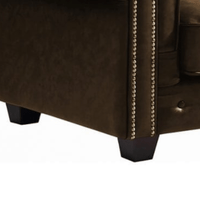 Close-up of a brown leather armchair with decorative nailhead trim on a white background