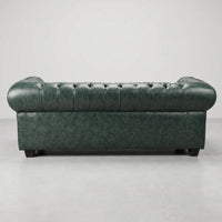 Chesterfield Green Leather Antique 3 seater sofa straight-on rear view of the button-tufted backrest