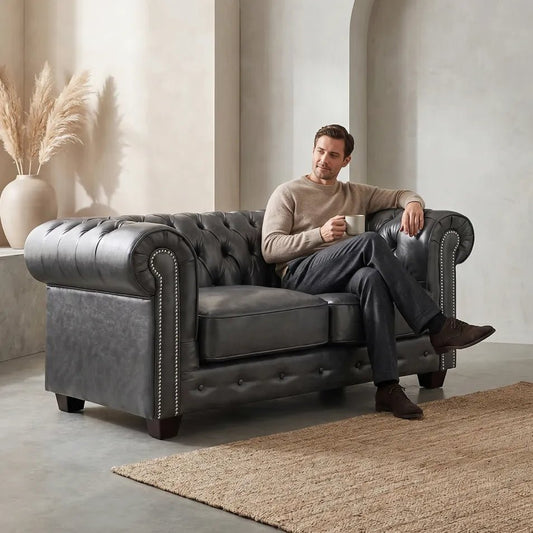 Chesterfield Grey Leather Antique 2 Seater Sofa - Furniture Instore