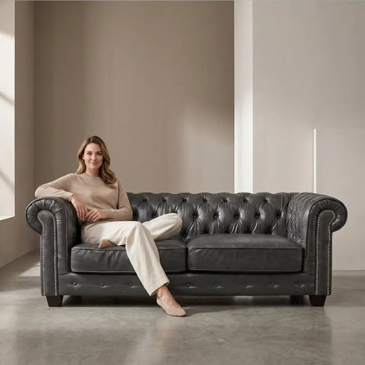 Chesterfield Grey Leather Antique 3 Seater Sofa - Furniture Instore
