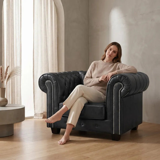 Chesterfield Grey Leather Antique Armchair - Furniture Instore