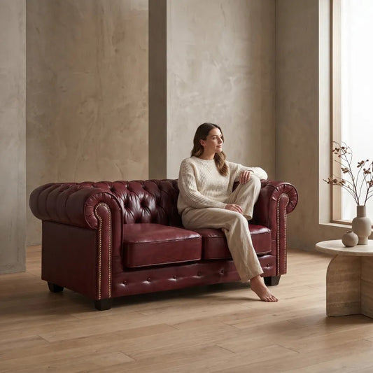 Chesterfield Red Leather Antique 2 Seater Sofa - Furniture Instore