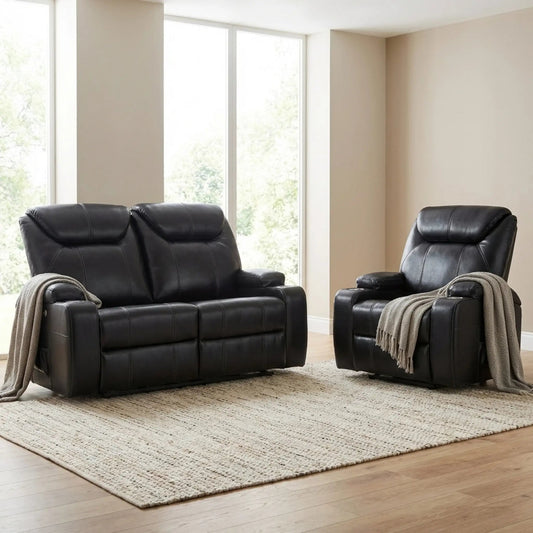 Cinema Black Electric 2+1 Seater Leather Recliner Sofa Set With Two Cup Holders - Furniture Instore