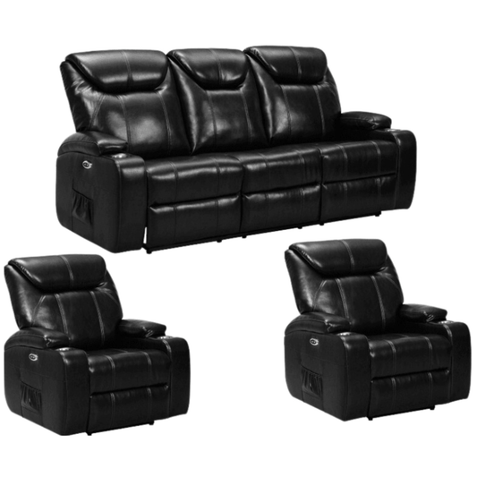 Black leather reclining sofa set on a white background