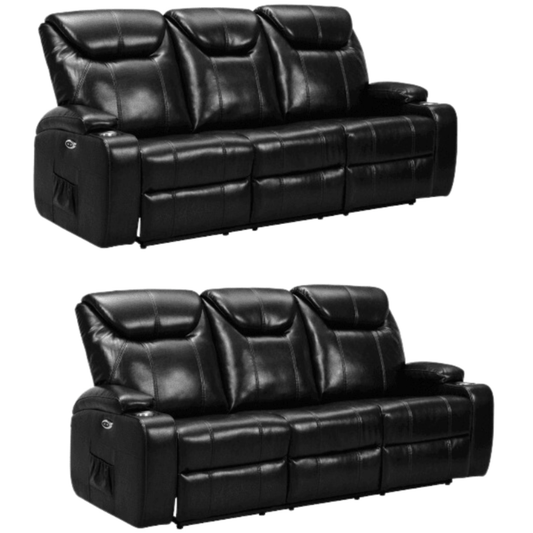 Two black leather recliner sofas on a white background