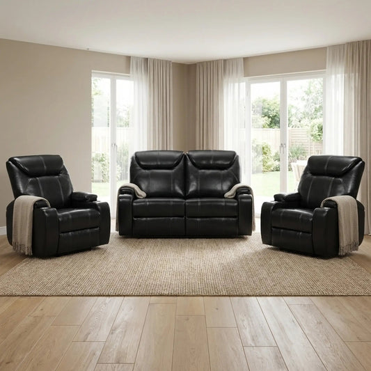 Cinema Black Electric Seater 2+1+1 Leather Recliner Sofa Set With Two Cup Holders - Furniture Instore