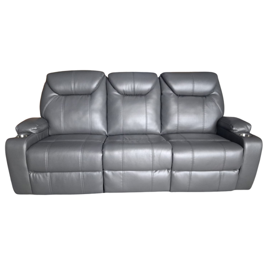 A three-seat gray leather reclining sofa with padded headrests, wide armrests, and cup holders on the outer sides, shown against a plain white background.