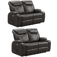 Two black leather recliner sofas on a white background