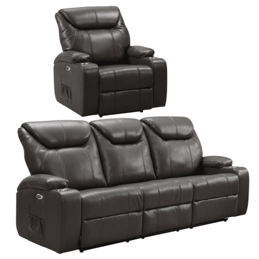 Black leather recliner chair and sofa set on a white background