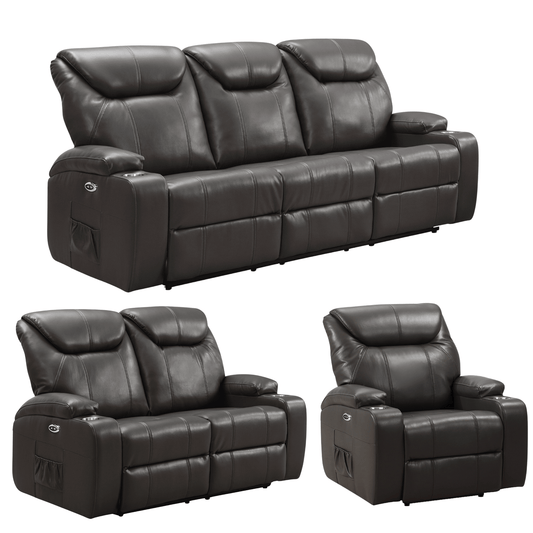 Black leather reclining sofa set on a white background