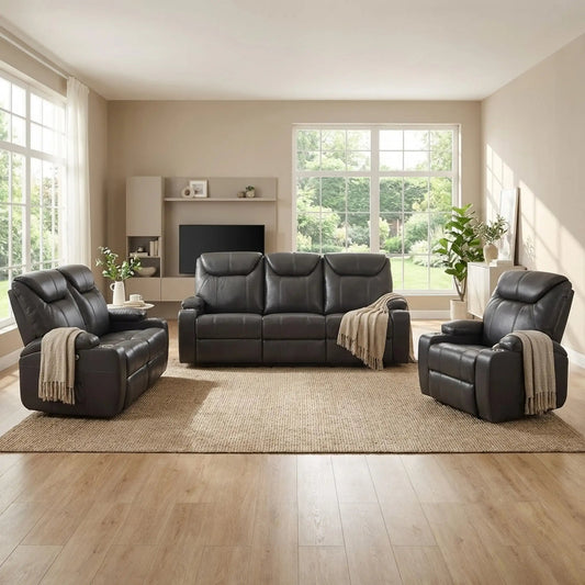 Cinema Grey Electric Leather 3+2+1 Recliner Sofa Set With Two Cup Holders - Furniture Instore