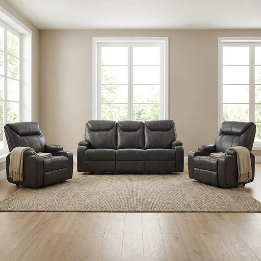 Cinema Grey Leather 3+1+1 Electric Recliner Sofa Set With Two Cup Holders - Furniture Instore