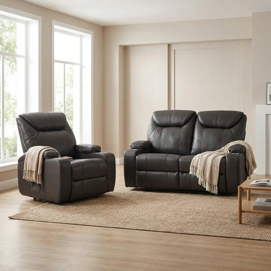 Cinema Grey Leather Electric 2+1 Recliner Sofa Set With Two Cup Holders - Furniture Instore