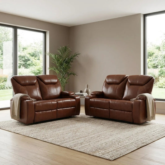 Cinema Tan Electric 2+2 Leather Recliner Sofa Set With Two Cup Holders - Furniture Instore