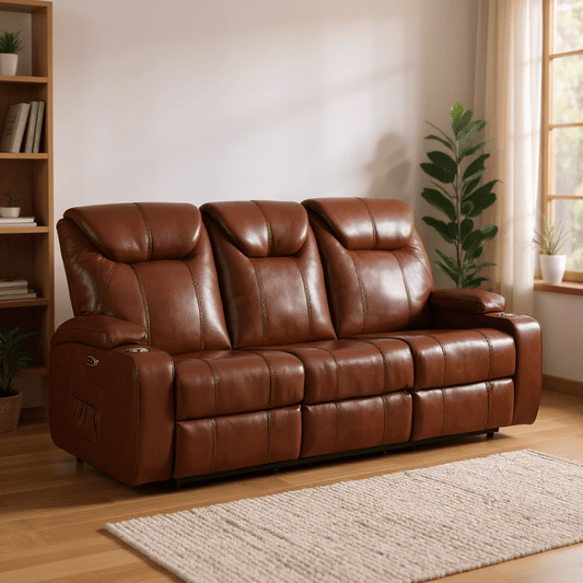 Cinema Tan Electric Leather 3+2+1 Seater Recliner Sofa Set With Two Cup Holders - Furniture Instore