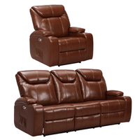 Brown leather recliner chair and sofa set on a white background