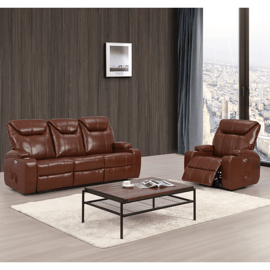 Cinema Tan Electric Leather 3+1+1 Seater Recliner Sofa Set With Two Cup Holders - Furniture Instore