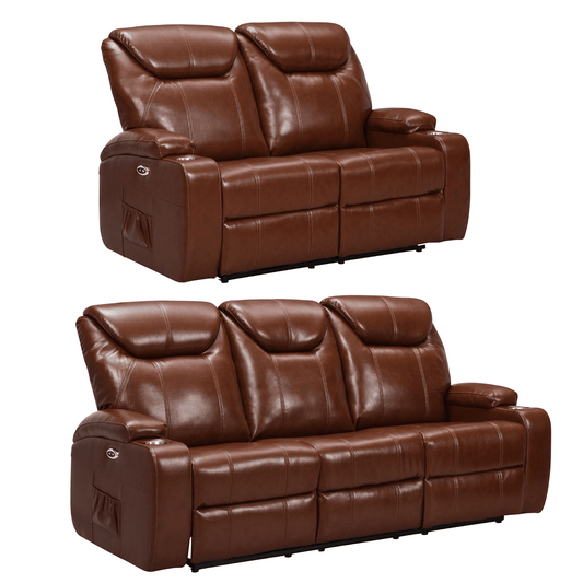 Two brown leather reclining sofas on a white background