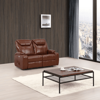 Brown leather sofa in a living room with a coffee table and city view.