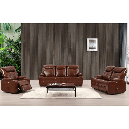 Brown leather sofa set with recliners in a living room setting.