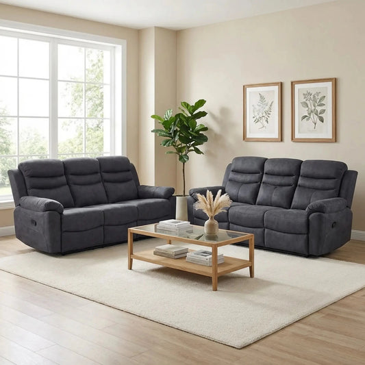 Conway Grey Fabric Manual Recliner 3+3 Seater Sofa Set - Furniture Instore